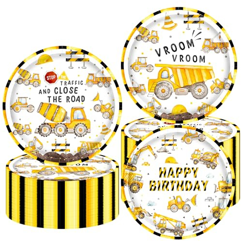 iPartyFun 48Pcs Construction Paper Plates Construction Birthday Party Decorations Dump Truck Theme Tableware Decorations for Traffic Zone Theme Birthday Party Baby Shower Supplies, 7.1 inches