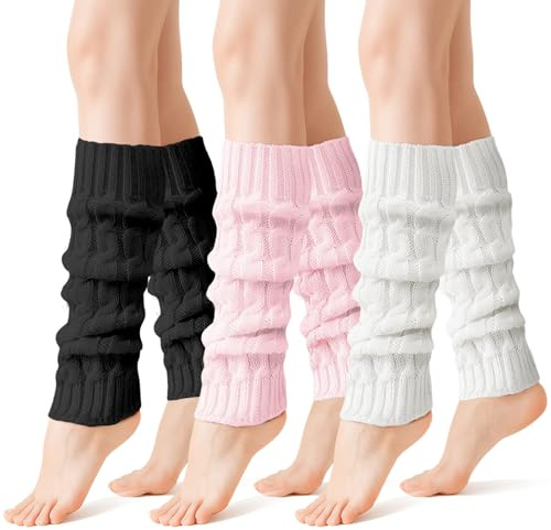 KWJEIULSOQ 3 Pairs Leg Warmers, Winter Knit Leg Warmers 80s Y2K Long Boot Leg Warmers Ladies Girls for Ballet Party Sports Yoga Daily (Black White Pink)