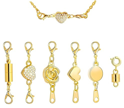 NASSMOSSE Magnetic Jewelry Clasps 6PCS Set, Gold Lobster Claw Clasps with Necklace Extenders, Alloy Jewelry Findings for Women DIY Making Supplies