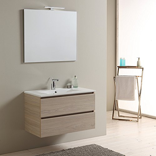 Kiamami Valentina - Mobile Bagno 80 Cm Con Cassetti Berlin Olmo Leone Lavabo In Ceramica Luce A Led