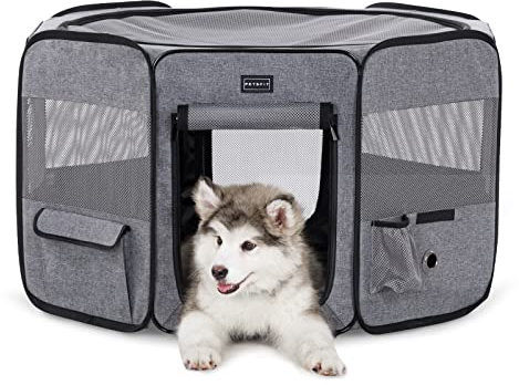 Petsfit Welpenauslauf faltbar Welpenlaufstall Tierlaufstall Pop-Up Design für Hunde Hasen Katzen, Verdickter Stahlträger Freilaufgehege Abschließbarer Reißverschluss mit Aufbewahrungstasche