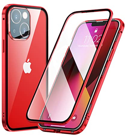 MIMGOAL 360 graders fodral för iPhone 13 Mini, magnetisk adsorption, metallram, helkroppsskyddande fodral, framsida bak, härdat glas transparent fullt skal, tunn mobilskal, röd