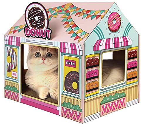 SEKAM Cardboard Cat House with Scratcher/Catnip, 16.5''x12''x15'', Indoor/Outdoor Kitty Donut Shop & Home Decor, Cat Play House & Hideout for Small Animals