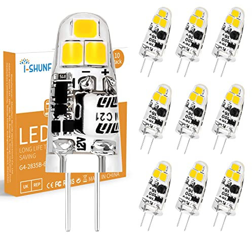 I-SHUNFA 10er Pack G4 1.2W LED Lampen Kaltweiß 6000K AC/DC 12V LED Leuchtmittel Ersatz g4 15w Halogen Leuchtmittel für Schlafzimmer, Küche, Esszimmer, Büro