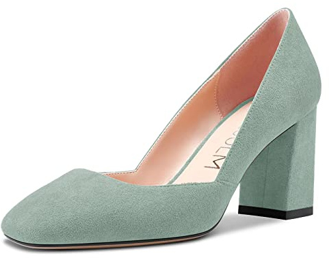 HDEUOLM Femmes Bloc Chunky Mi Talon Heel Carré Bout Escarpins Slip-on Mariage Bureau Classique 7.5 CM Heels Chaussures Vert B 38 EU