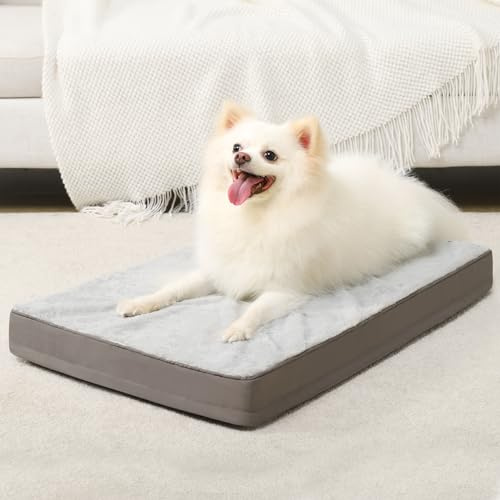KSIIA Orthopedic Dog Bed - Waterproof Crate Bed for Small Dogs, Deluxe Plush Washable with Egg Crate Foam & Removable Cover, 23 x 17 Inch, Gray