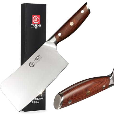 YARENH Couteau Hachoir Cuisine Professionnelle en Feuille de Boucher,Couteau Chinois X45CrMoV15 en Acier Inoxydable, Lame de 17 cm, Manche en Bois Naturel, Idéal pour les Chefs, Amateurs de Cuisine