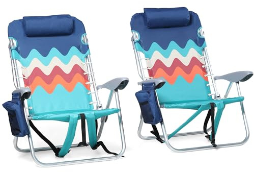 HIGH POINT SPORTS Strandstuhl 2er Set Klappstuhl für Strand mit Kühltasche 4-Fach Verstellbar Folding Beach Chair mit Rucksack, Blau
