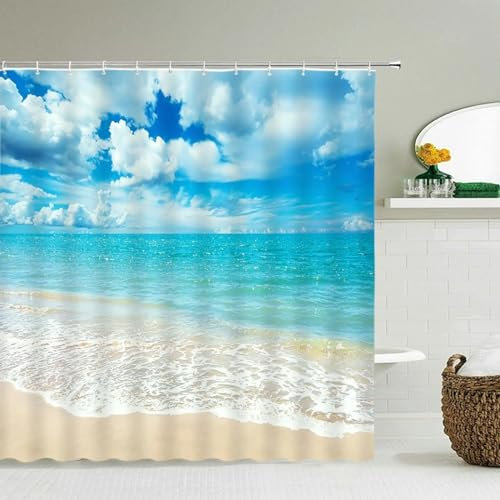 Duschvorhang Duschvorhänge, Strand, Meer, extra lang, Landschaft, wasserdicht, 3D-Badezimmervorhänge mit Haken, Heimdekoration, waschbare Badewannenabtrennung – XXL 90 x 200 cm (35 x 79 Zoll) Duschvor