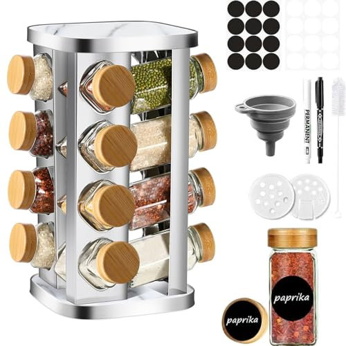 SAEIV Portaspezie girevole da cucina, con 16 barattoli per spezie con coperchio in bambù, portaspezie in acciaio inox di alta qualità, organizer per spezie con arteria in marmo