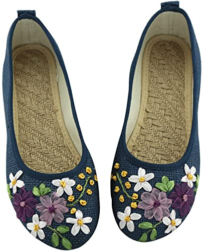 Dinglong Zapatillas Lona Mujer Blancas Zapatos de Tela para Mujer, Zapatos Individuales de Lino con Cinta, Bordado Transpirable, Zapatos Individuales para Mujer, Tacones Planos, Zapatillas