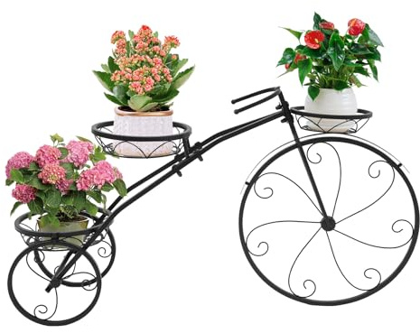 WUSILILU Three-wheeled Plant Stand, Iron Plant Stand with 3 Baskets, Bike Shape Plant Corner Shelf, Plant Display Rack Decor for Outdoor, Indoor, Entryway, Porches, Garden, Balcony (Black)