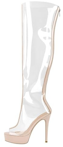 blingqueen Damen Stiefel PVC Transparente Boots Peeptoe Plateau High Heels Overknee Sommerstiefel mit Reißverschluss Lack Beige 41 EU