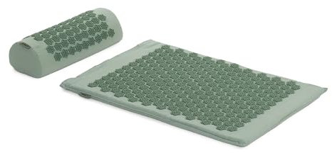 TREXO Tappetino per agopressione con cuscino, 38 x 15 x 10 cm, verde, con tappetino da 68 x 44 x 2 cm, in cotone e spugna 18D, picchetti HIPS per ridurre la tensione, supporta il sonno