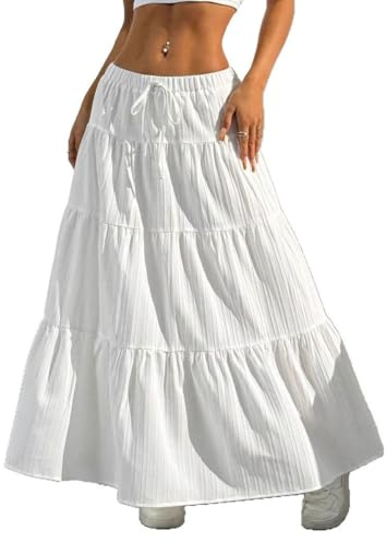 GRMLRPT Jupe Longue Femme Ete Tailles Elastique Vacances Plage Bohême Haute A-Ligne Plissée Maxi Décontractée Élégante(Blanc,L)