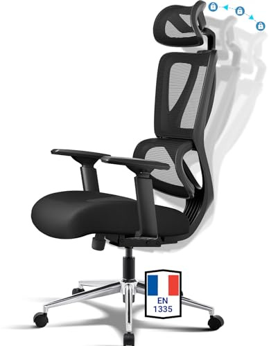 MELOKEA Sedia da Ufficio Seduta Ergonomica a Molle EN1335 Standard Poggiatesta Largo, Supporto Lombare Dinamico, Sedia da Scrivania Girevole Rete Traspirante Blocco a 3 Posizioni Nero 150kg