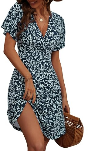 LIAMERHE Robe Été Femme Courte à Col en V - Robe Portefeuille Imprimé Floral Manches Courtes/sans Manches Robe Bohème Chic et Élégante pour Mariage Invitée Vacances Plage