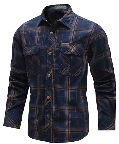 CoXuantion Camicia Uomo a Maniche Lunghe Casual Cotone Camicie Vintage Quadri Giacca Button Down Tops Morbida Workshirt con Taschino XXL,Blu
