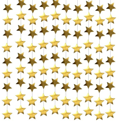 4 Pezzi Ghirlanda di Stelle Dorate in Carta Riflettente, Decorazioni Appese per Feste di Compleanno e Matrimonio, Striscione Lungo 16 Metri per Sfondo Fotografico e Anniversario