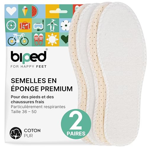 Biped 2 paires de semelle pieds nus - tissu éponge 100% coton et latex souple amortissant - semelles intérieures contre les odeurs de pieds et les bactéries z1016
