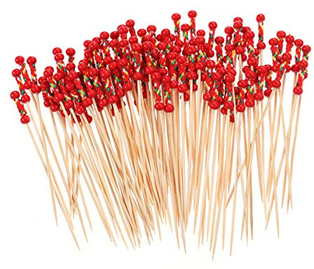 YeahiBaby Piques à Cocktail Jetable Cure Dents en Bois pour Fruits (Environ 100 Pièces Doubles Perles Rouges)