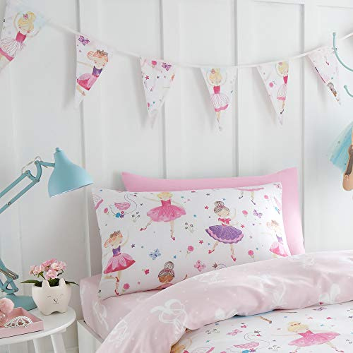 Happy Linen Company Mädchen Wimpelgirlande für Kinderzimmer - Ballerina-Motive - mit dreieckigen Wimpeln - doppelseitig - Rosa - 3,1 m lang