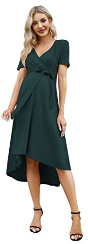 KOJOOIN Damen Umstandskleid Festlich Stillkleid V-Ausschnitt Kurzarm Schwangerschaftskleid mit Taillengürtel Sommer Dunkelgrün(Kurzarm) S