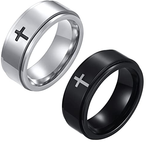 JewelryWe Schmuck 2pcs Fidget Angst Ringe Herren Edelstahl Kreuz Anti-Angst Spinner Ring Drehringe Roller Bandringe Stressabbauende Band Gravur Schwarz Silber Größe 54