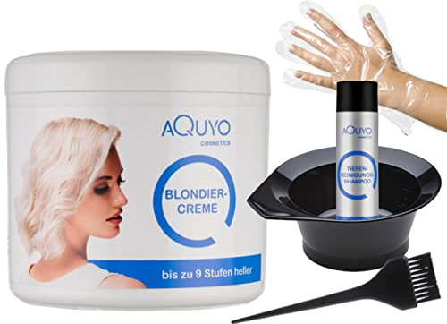 Blondiercreme Set mit Handschuhen, Färbeschale, Färbepinsel und Tiefenreinigungsshampoo (ohne Oxydant / Entwickler) - zum blondieren oder aufhellen der Haare | Blondierung bis zu 9 Stufen heller
