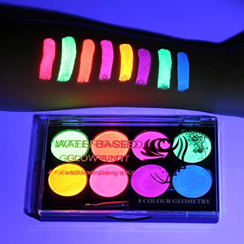 MEICOLY Neon Face Paint,UV Blacklight Glow Face Paint,8 Bright Colors Neon Fluorescent Rave Accessories for Women, Water Based Glow In The Dark Neon Accessories for Halloween Washable for Kids Adults