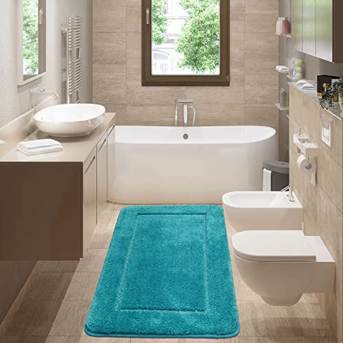 SOANNY 60x150 cm Badezimmerteppich, Hochflor Mikrofaser, rutschfest & Waschbar, Saugfähig Groß Duschteppich, Perfekt für Bad & WC Vorleger, Türkis