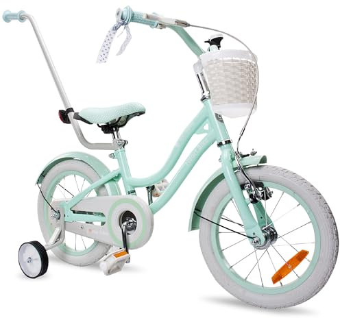 sun baby Heart Bike Bicicleta Infantil para niña 14 Pulgadas, Desde 3 años, con ruedines, Barra de Empuje, Cesta, Timbre, Freno contrapedal y V-Brake (Silver Moon Menta, 14 Pulgadas)