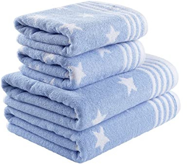 La Maison Jacquard Stars 100% Cotton 500GSM Luxury Hand Towel Bath Towel Super Soft Highly Absorbent Everyday Use (4 Piece Bale Set - 2 Hand Towels and 2 Bath Towels, Blue)