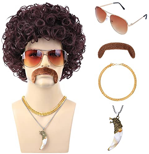 6pcs Set 70s 80s Disco wig with Mustache Glasses Artificial Wolf Necklace Gold Chain Short Curly Synthetic Hair Afro Mens Wig for 60s Rocker Hippies Costume Cosplay Halloween Party (Reddish Brown)