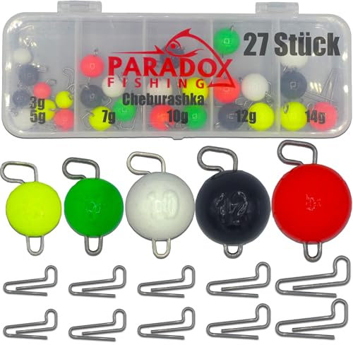 Paradox Fishing Cheburashka Blei Set I 27 Bleie (3g/5g/7g/10g/12g/14g) je 4/5 Stück mit Box (59 teilig) I für Offset Haken - Dropshot Blei Drop Shot Jigköpfe (bunt)