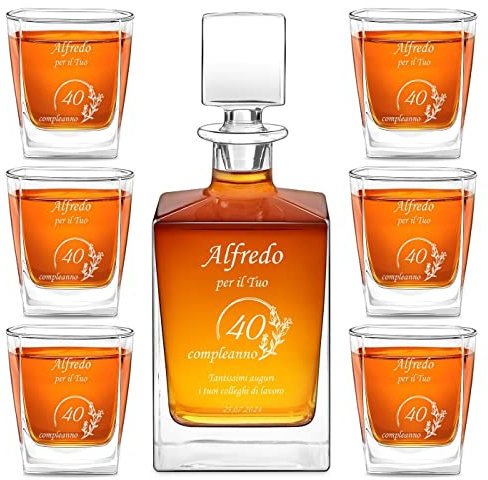 Maverton set Caraffa da whisky e cognac + 6 bicchieri - con incisione personalizzata - Decanter in vetro per whiskey da 0,81 L - Bottiglia per compleanno - pensiero per papà - Anni
