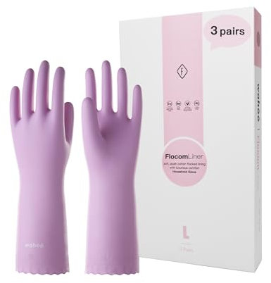 wahoo 3 Paires Gants Menage, Gants Vaisselle Doublure Floquée en Coton, Extra Doux Gants de Nettoyage, Sans latex, Étanche, Brume Mauve, Taille L