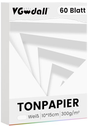 VGOODALL 60 Stück Tonpapier Weiß, Bastelpappe in Weiß Papier Bastelpapier 300 g/m² Druckerpapier Premium Tonzeichenpapier Craft Paper zum Basteln Drucken