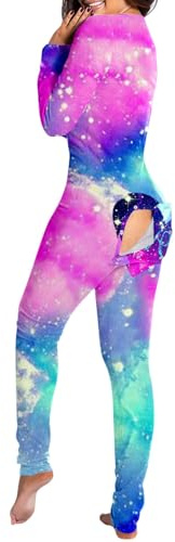 Pyjama une pièce pour femme - En coton - Vêtement de nuit - Combinaison sexy avec rabat boutonné - Printemps et hiver - Grenouillère avec rabat fessier - Manches longues - Grenouillère moulante