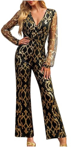 Mart Women's Sexy Sparkly Jumpsuits Dressy Slim Fit Jumpsuit Ladies Charlie Plunging Jumpsuit Silver Hot Metallic Playsuit Hollow Lace Long Sleeve Evening Dress Party Prom Festival Outfit Gold
