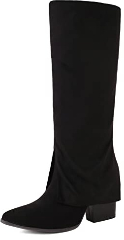 Lizoleor Tacco A Blocco Con Risvolto Donna Stivali Alti Senza Chiusura Moda Tacco Alto Appuntito Riding Lungo Stivali Western Nero Numero 34 Eu