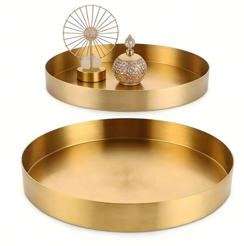 WOPPLXY 2 Bandejas Decorativas Redondas (Ø 22 cm y Ø 18 cm) y un Plato Decorativo Redondo Dorado de Acero Inoxidable para Velas, Cosméticos, Jarrones y Juegos de Té