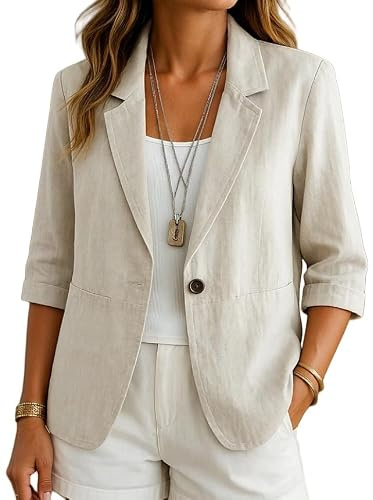 Veste Blazer Femme Blazer en Coton Et Lin pour Femme Cardigan Ouvert sur Le Devant Manches 3/4 Décontracté pour Le Travail Le Bureau Élégant Léger Vêtements D'Extérieur D'Été avec Poches Pa