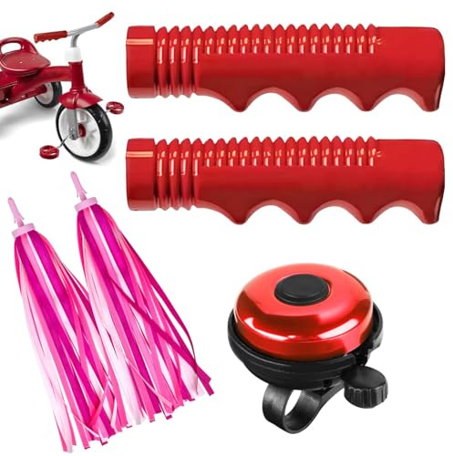 Grips Compatible with Radio Flyer Tricycle, 3/4 Inch Bicycle Grip, Kids Non-Slip-Bicycle Handlebar Grips, 1 Pair Red Tricycle HandlebarGrips and Classic Bike Bell and Bike Streamers Bike Tassels