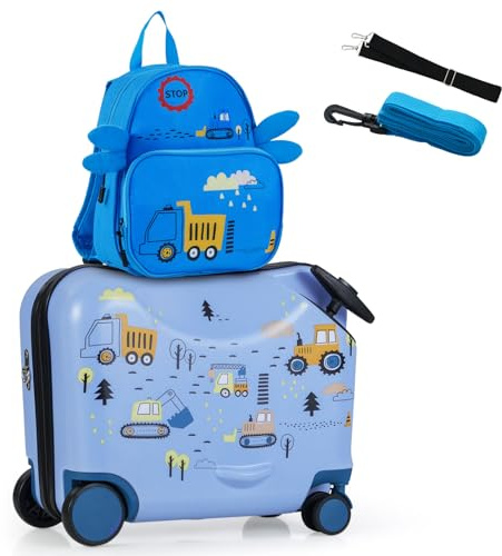 COSTWAY 2-delad barnresväska + ryggsäck, 30 cm + 46 cm barnkoffert med hjul och vattentätt hårt skal, barnbagage med bärrem, rep och fotstöd, rullväska för pojkar och flickor, Bagger, 12+18