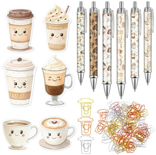Gilprop 54 Pcs Coffee Theme Gifts 6 Pads Sticky Notes Memo Note 12 Cute Ballpoint Pens 36 Coffee Cup Shaped Paper Clips Bookmarks for Office Supplies Party Favor Coworker Employee Staff Team Gifts