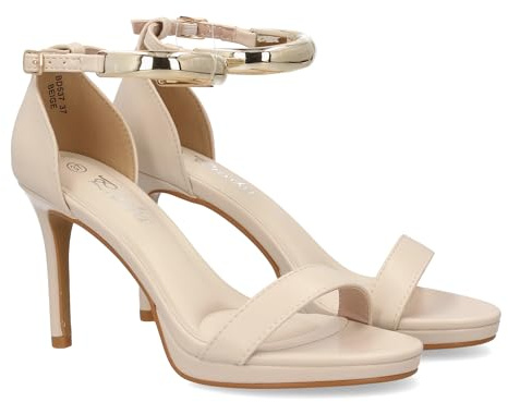 99572 Sandalia de tacon para mujer con diseno elegante, para ocasiones especiales y eventos destacados. Tira ancha en el tobillo metalizada, Cierre de hebilla y tacon alto de aguja. Beige Talla 35