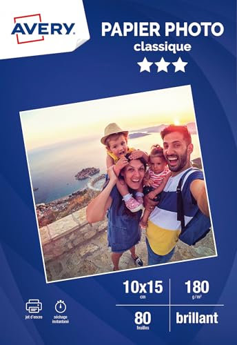 AVERY - 80 Blatt 180g/m² Hochglanz-Fotopapier, Format 10 x 15 cm, Tintenstrahldruck,