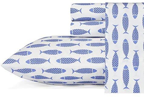 Nautica - Twin Sheet Set, Cotton Percale Bedding Set, Crisp & Cool, Lightweight & Breathable (Woodblock Fish Blue, Twin)