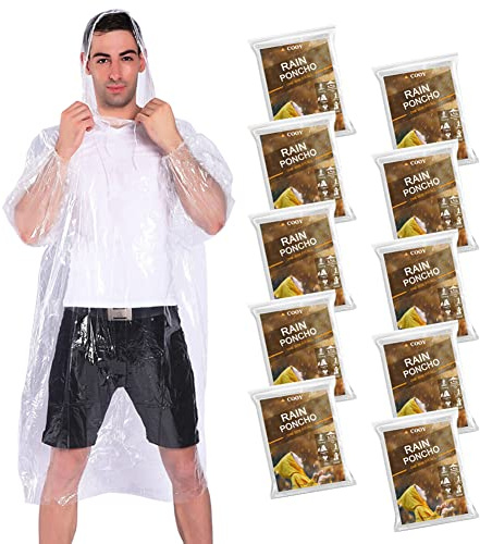 COOY Rain Ponchos,with Drawstring Hood （10 Pack） Emergency Disposable Rain Ponchos Family Pack for Adults,Clear…